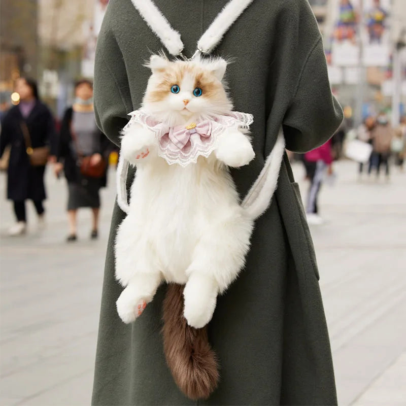 Lifelike Stuffed Cat Shape Plush Travel Backpack